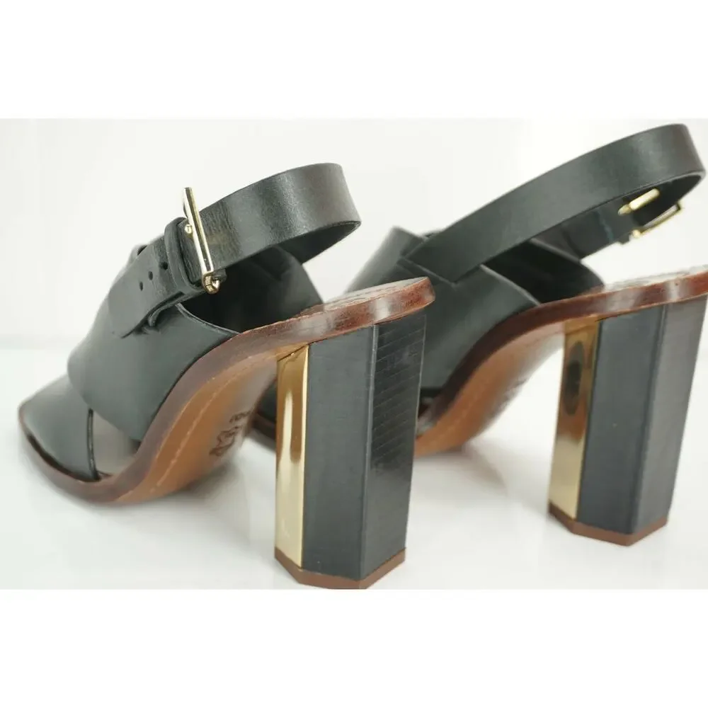 Tory Burch Black Leather Bleeker Wide Strappy Sandals Size 6.5 Hex Heel NIB